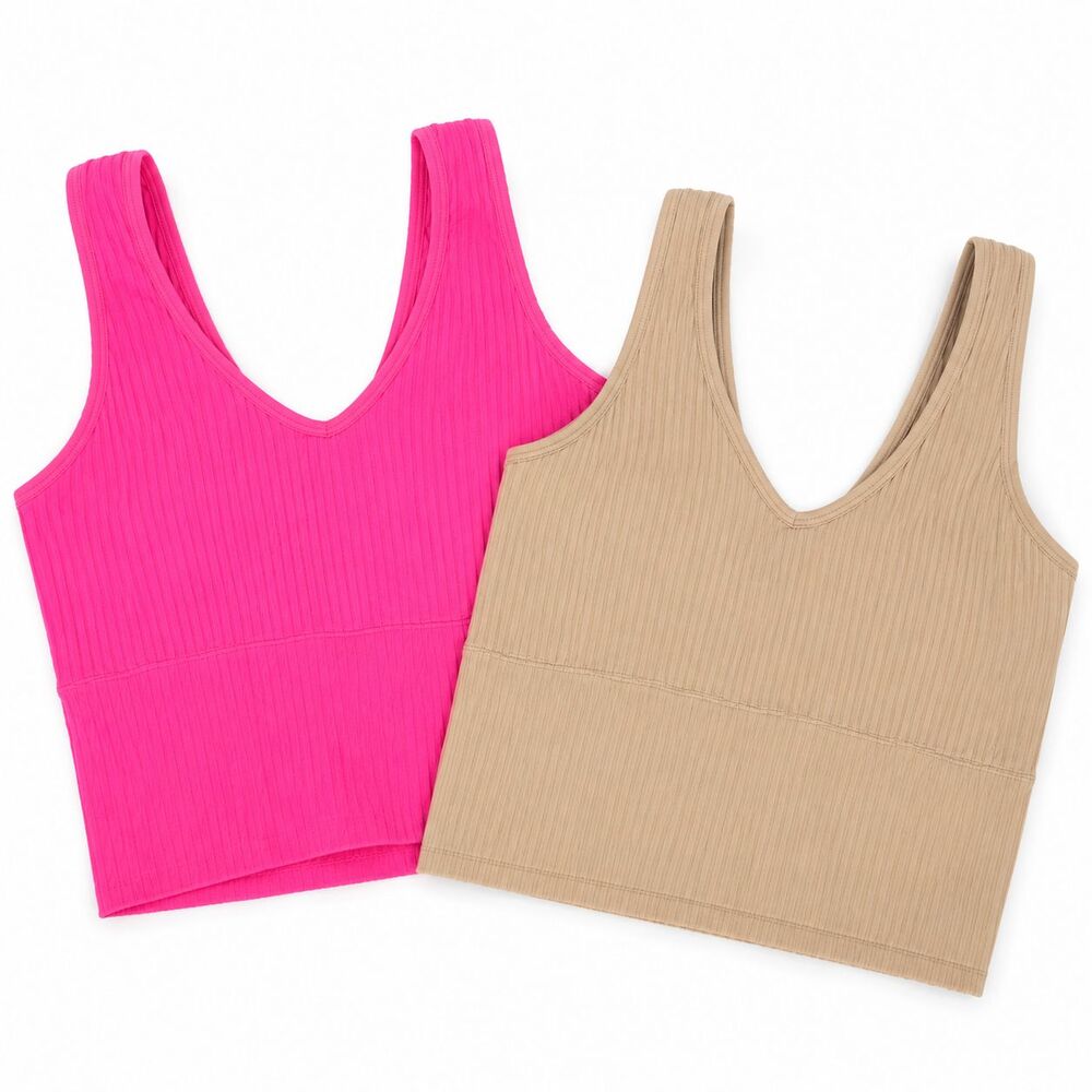 2 Pack Ribbed Crop Tank Tops Women's XL Pink Beige Sleeveless Bralette Cami